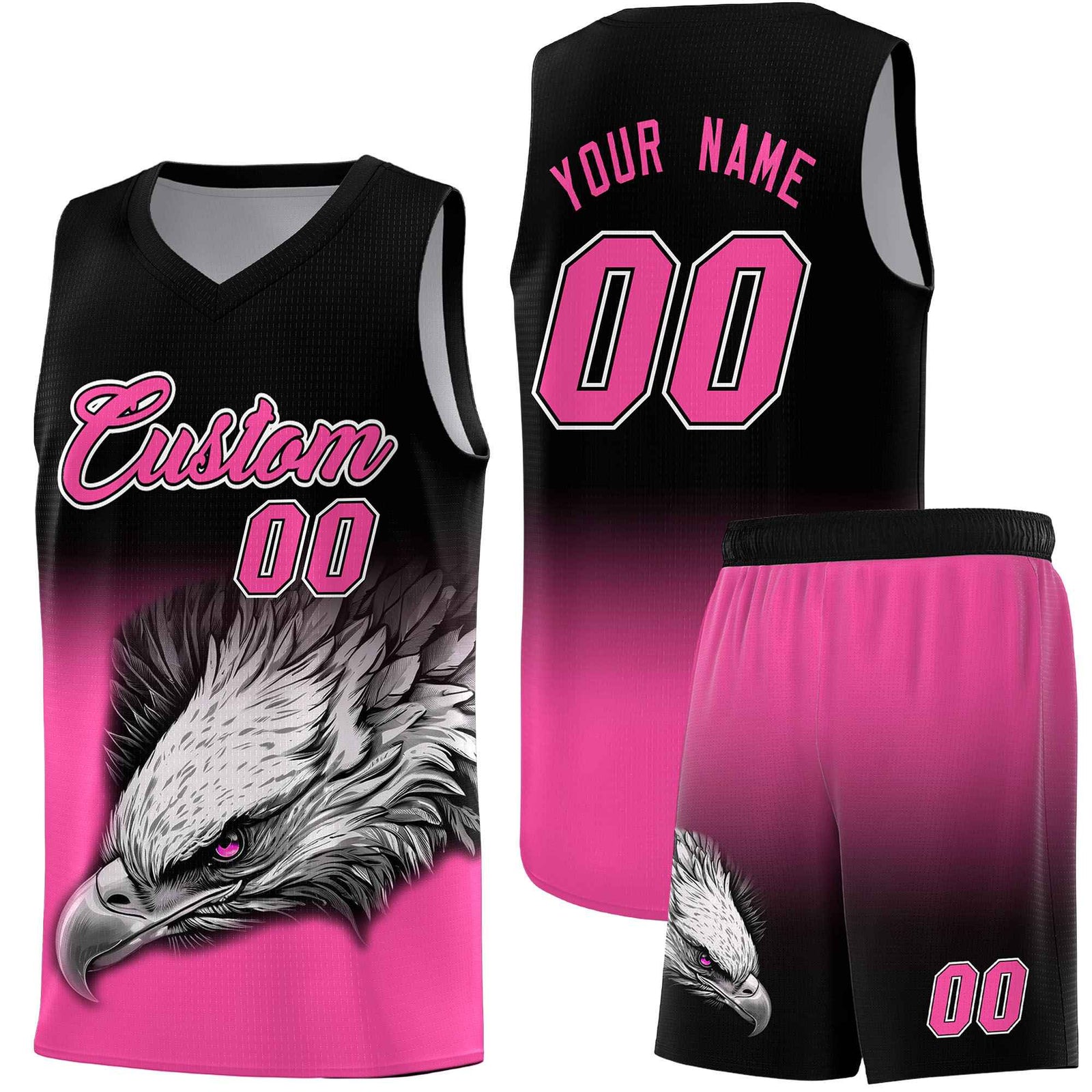 Custom Black Pink Basketball Kits with Eagle Pattern