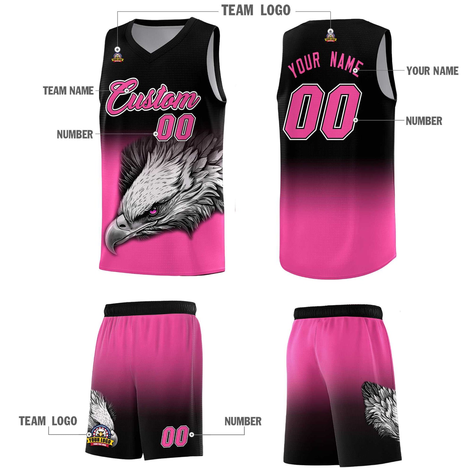 Custom Black Pink Basketball Kits with Eagle Pattern