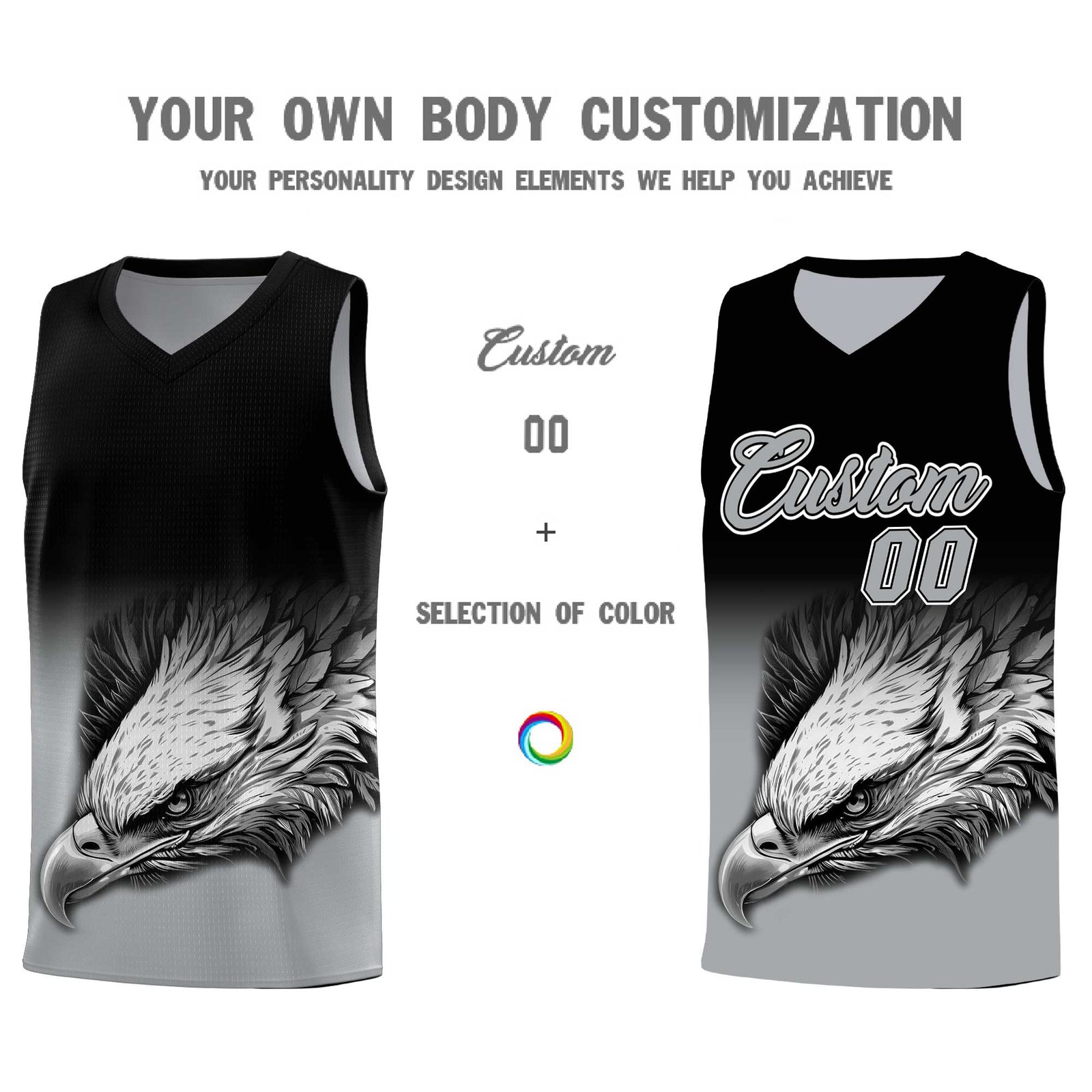Custom Black Gray Basketball Kits with Eagle Pattern
