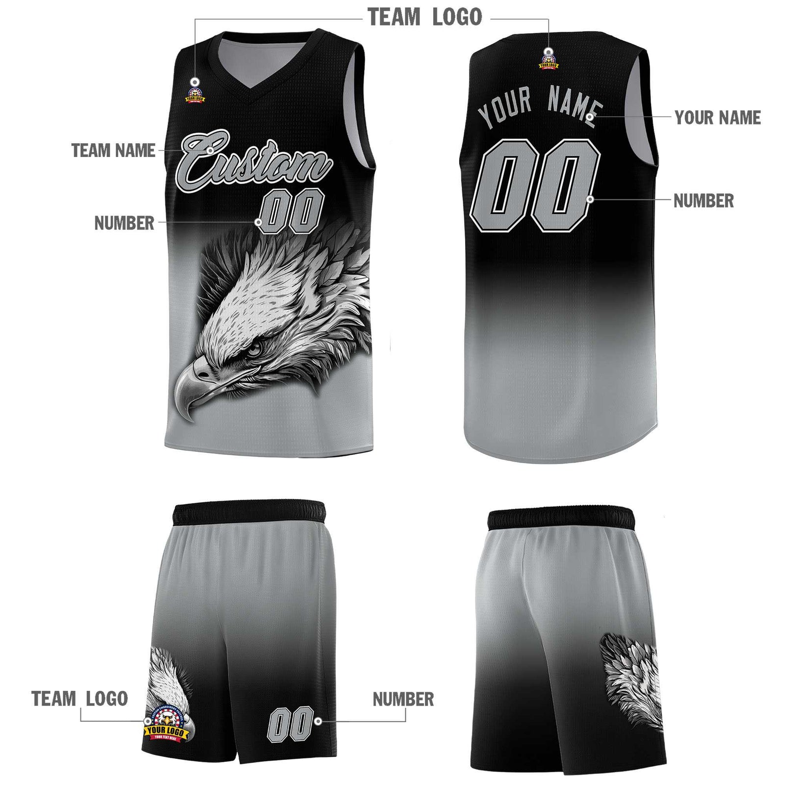 Custom Black Gray Basketball Kits with Eagle Pattern