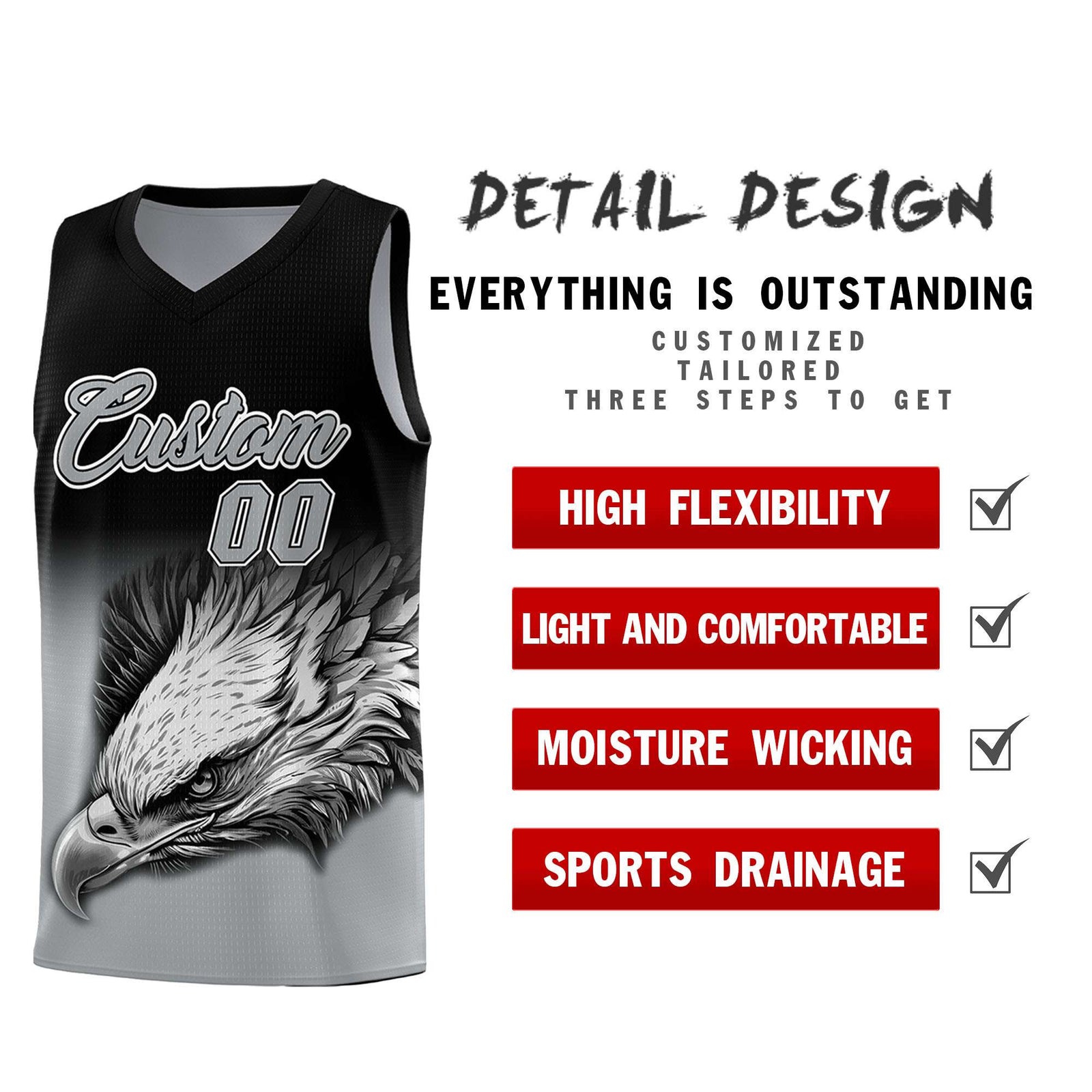 Custom Black Gray Basketball Kits with Eagle Pattern