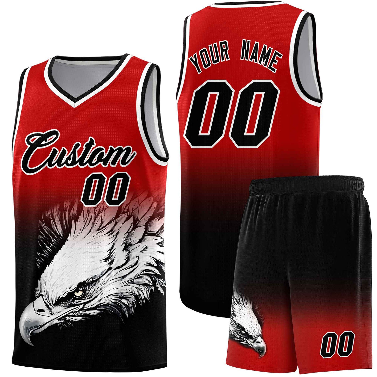 Custom Red Black Basketball Kits with Eagle Pattern