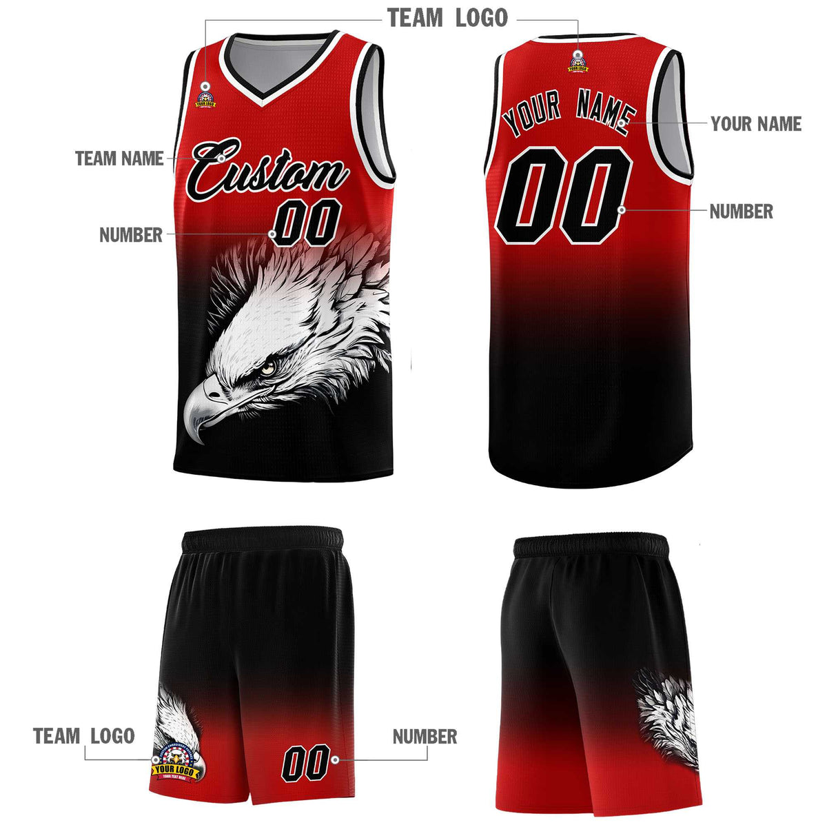 Custom Red Black Basketball Kits with Eagle Pattern