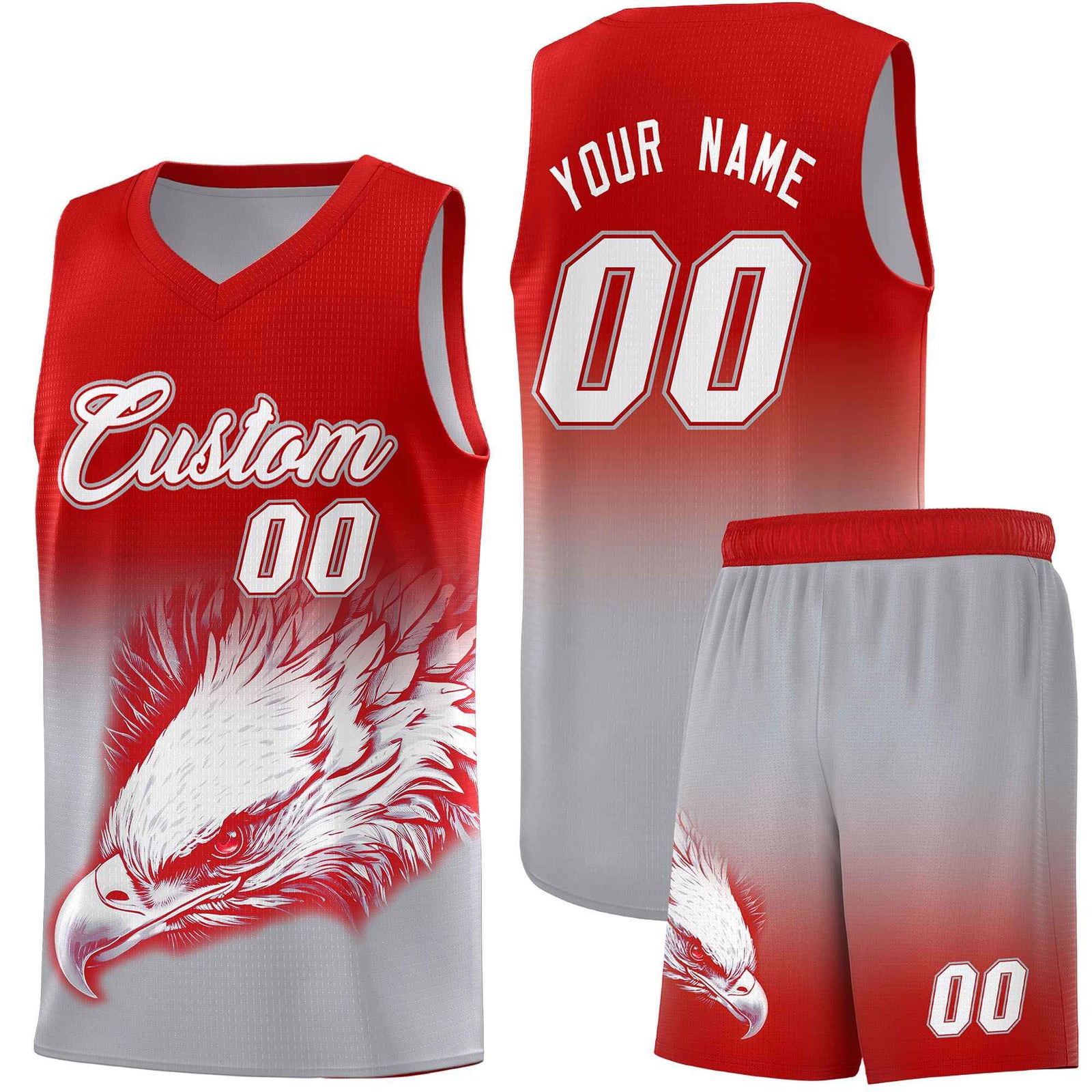 Custom Red Gray Basketball Kits with Eagle Pattern