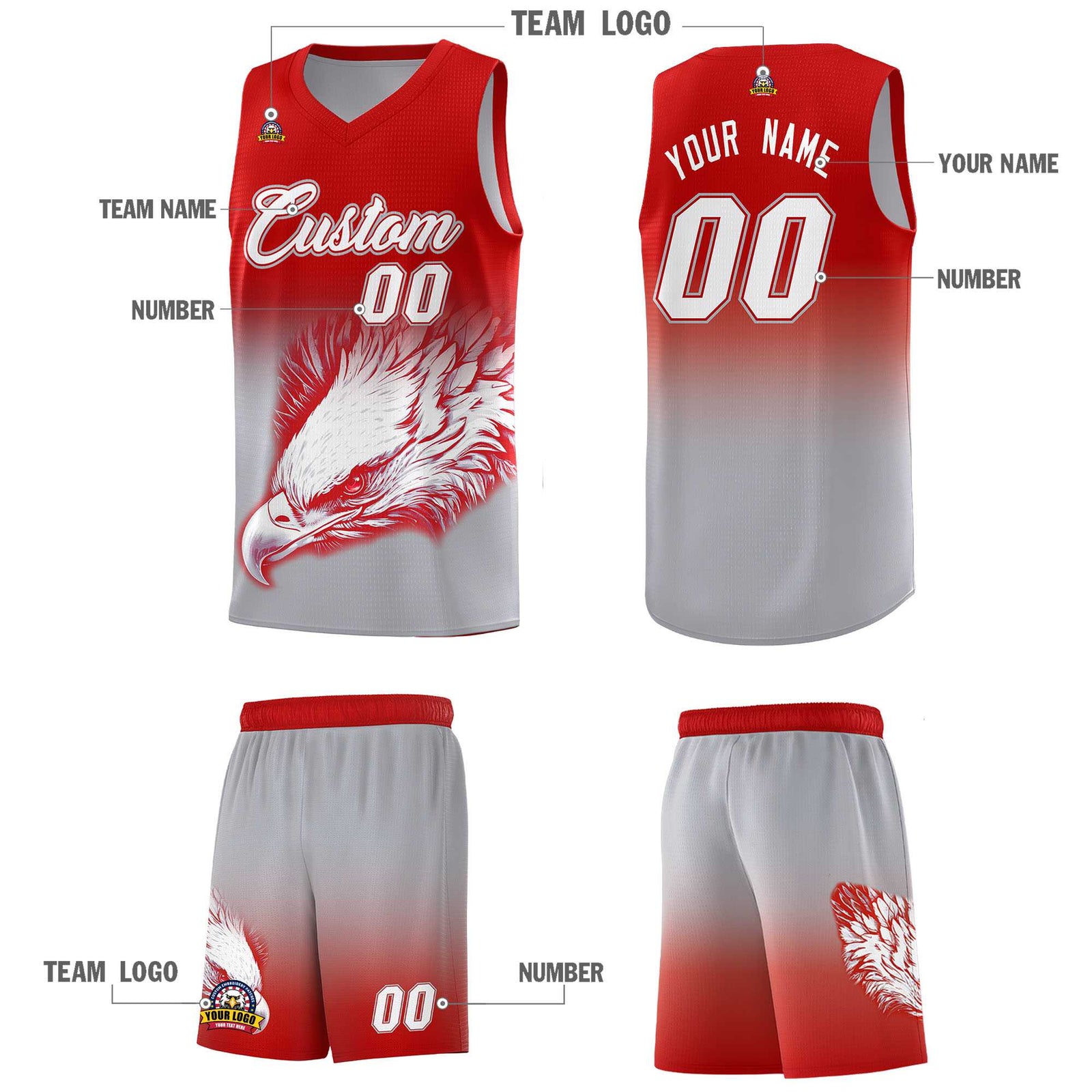 Custom Red Gray Basketball Kits with Eagle Pattern