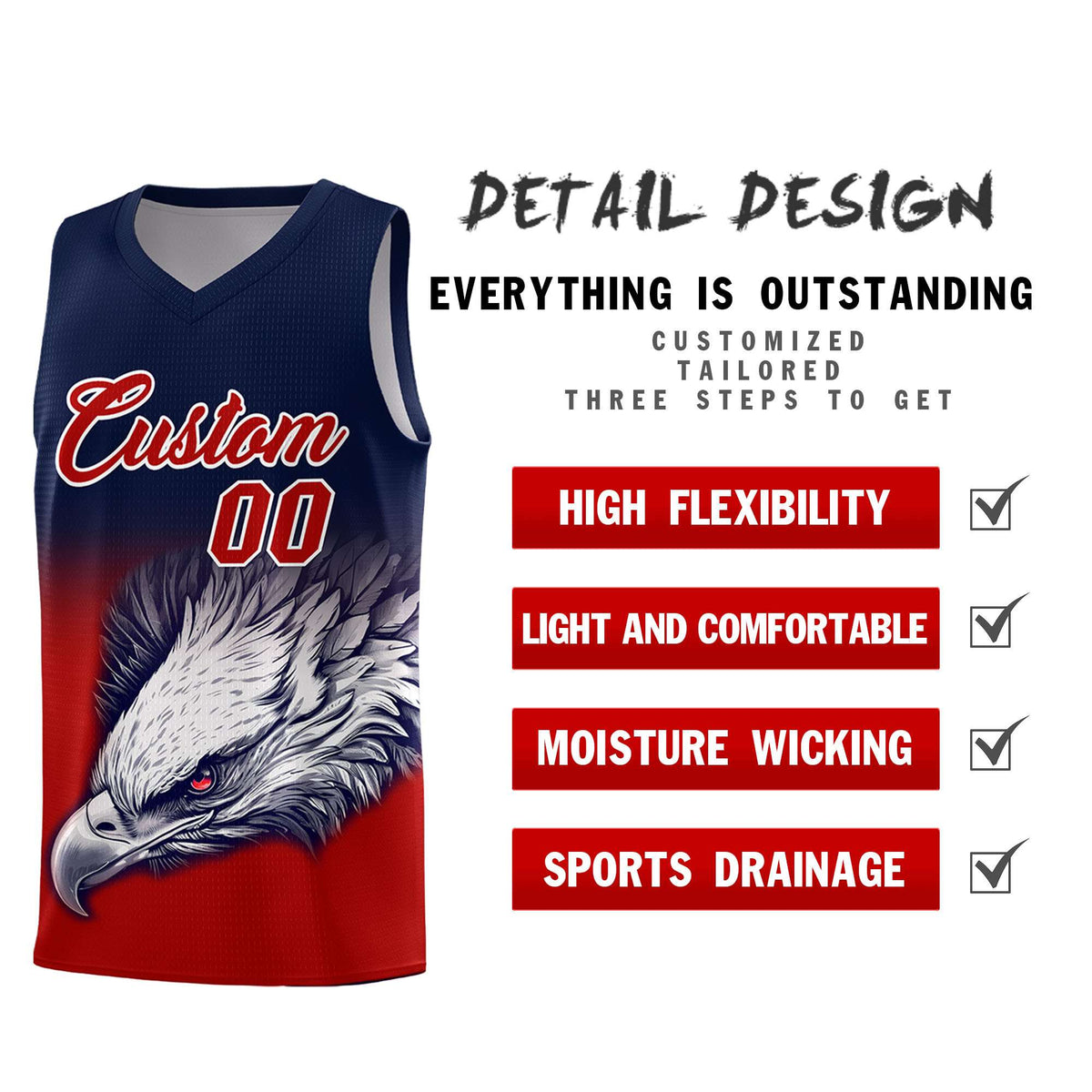 Custom Navy Red Basketball Kits with Eagle Pattern