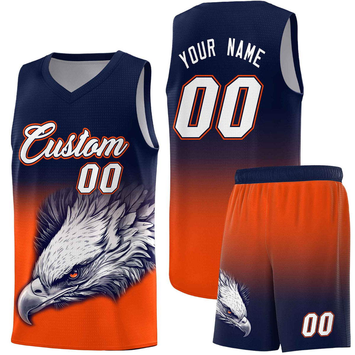 Custom Navy Orange Basketball Kits with Eagle Pattern