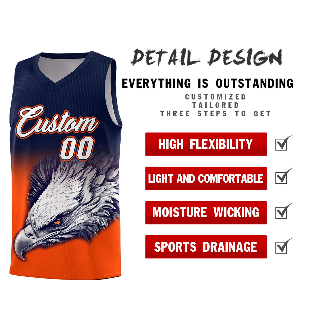 Custom Navy Orange Basketball Kits with Eagle Pattern