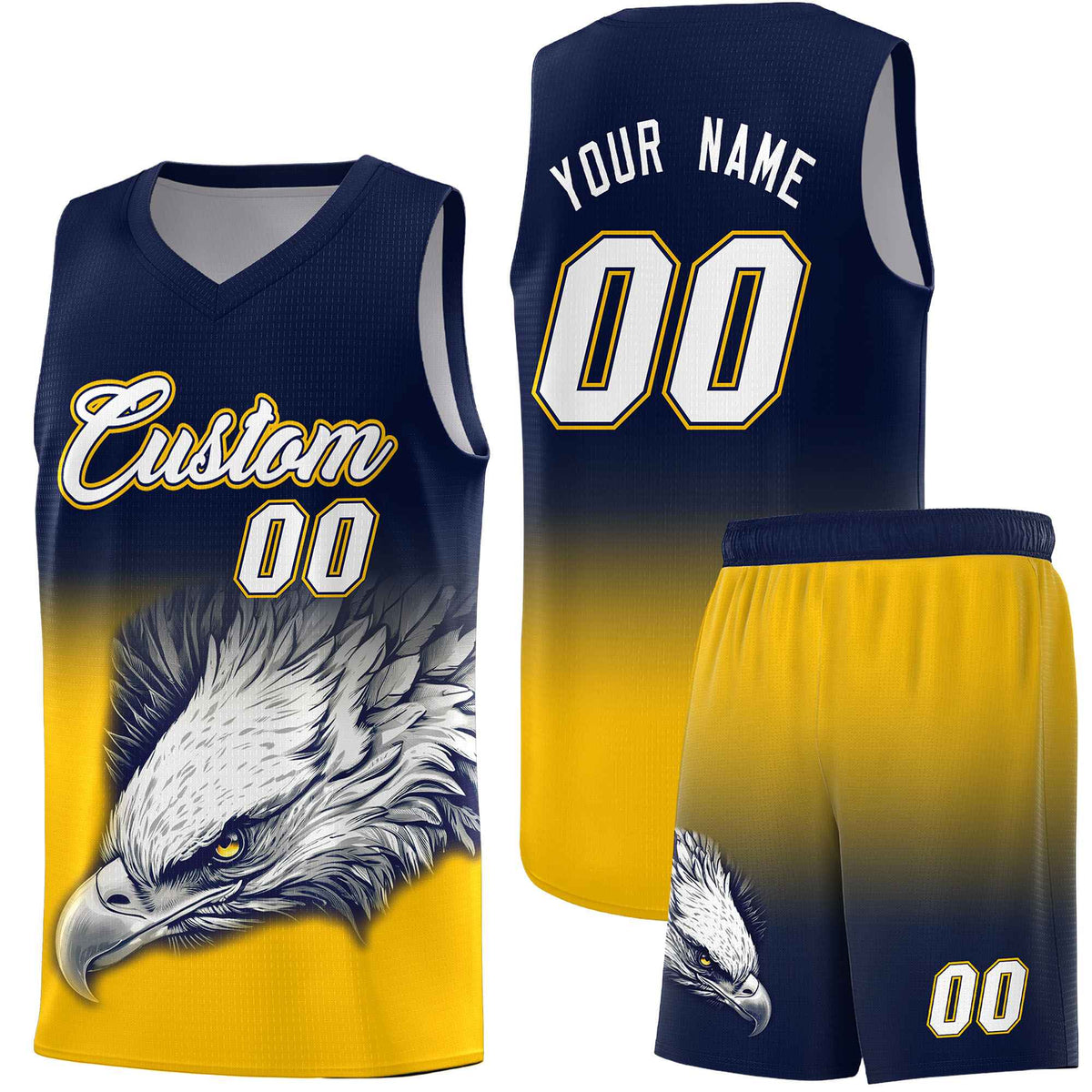 Custom Navy Yellow Basketball Kits with Eagle Pattern