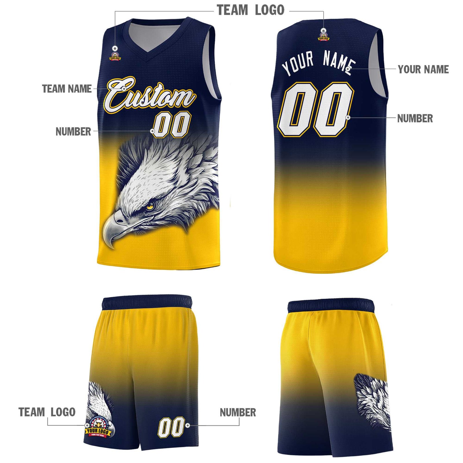 Custom Navy Yellow Basketball Kits with Eagle Pattern