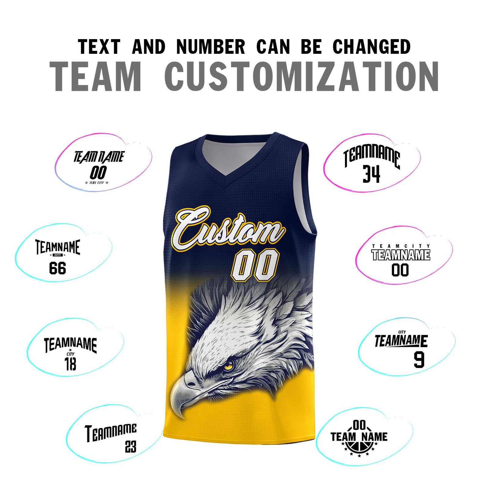 Custom Navy Yellow Basketball Kits with Eagle Pattern