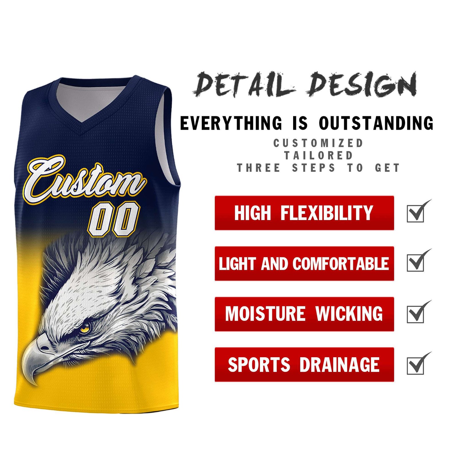 Custom Navy Yellow Basketball Kits with Eagle Pattern