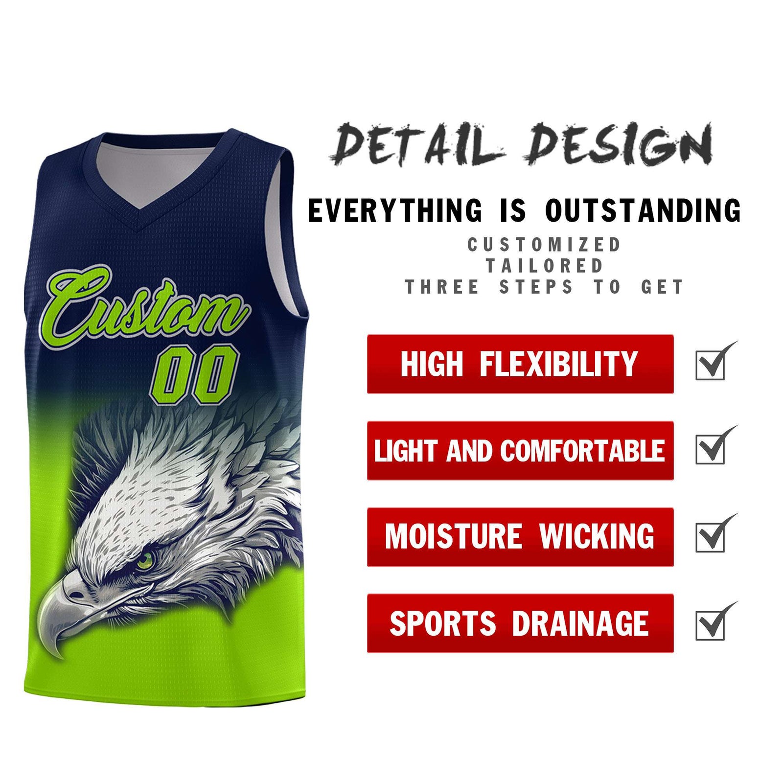 Custom Navy Neon Green Basketball Kits with Eagle Pattern