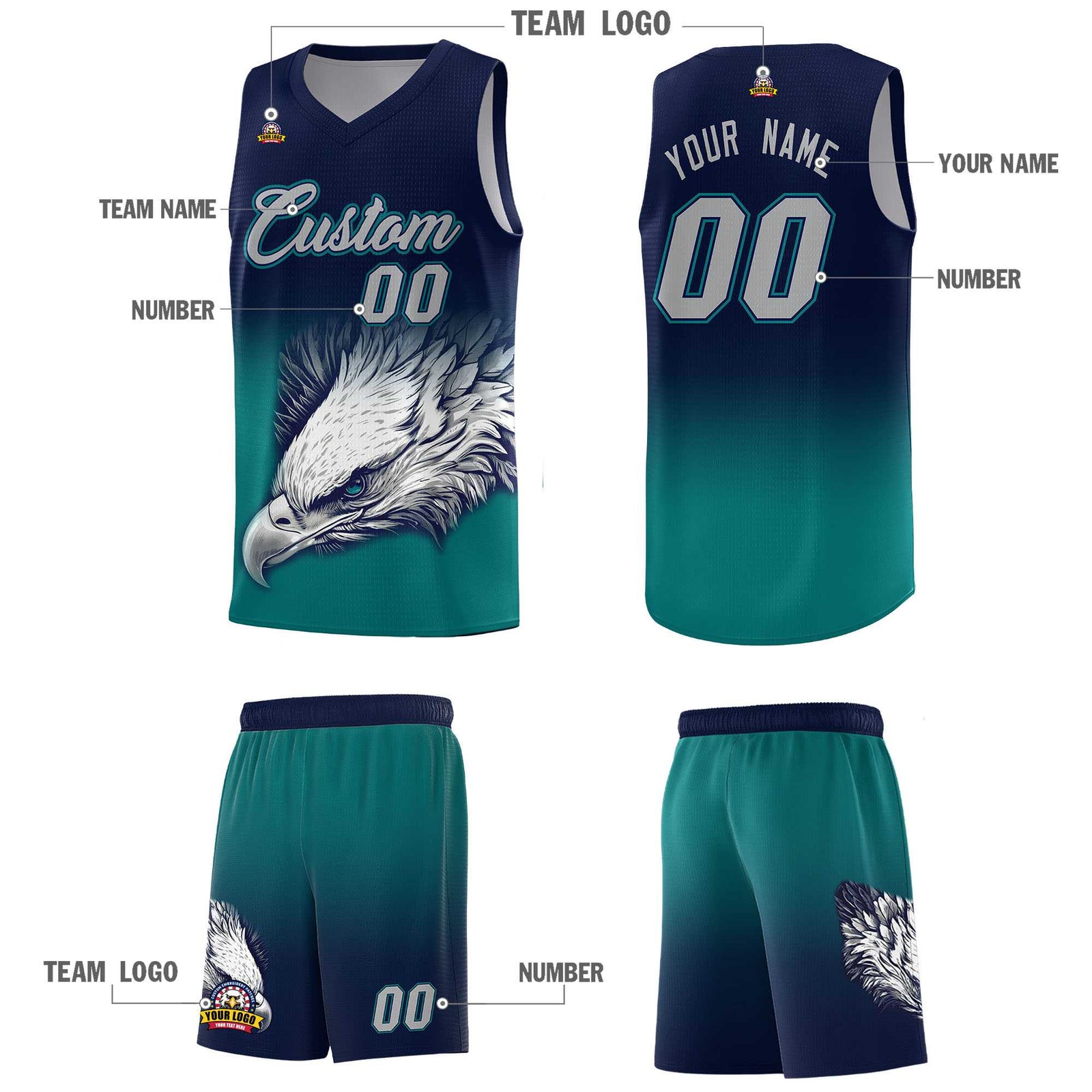 Custom Navy Teal Basketball Kits with Eagle Pattern