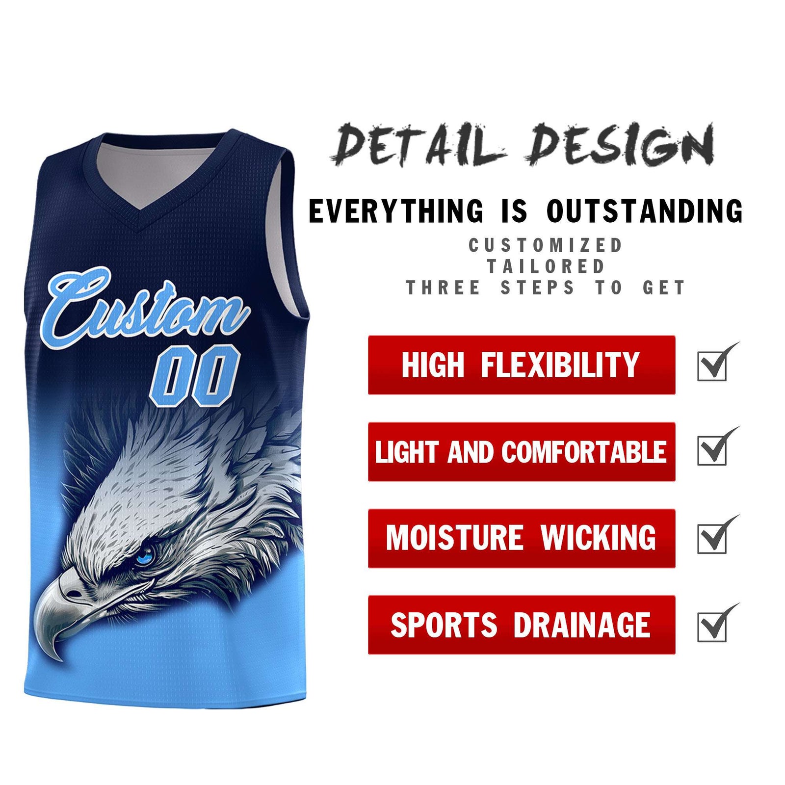 Custom Navy Powder Blue Basketball Kits with Eagle Pattern