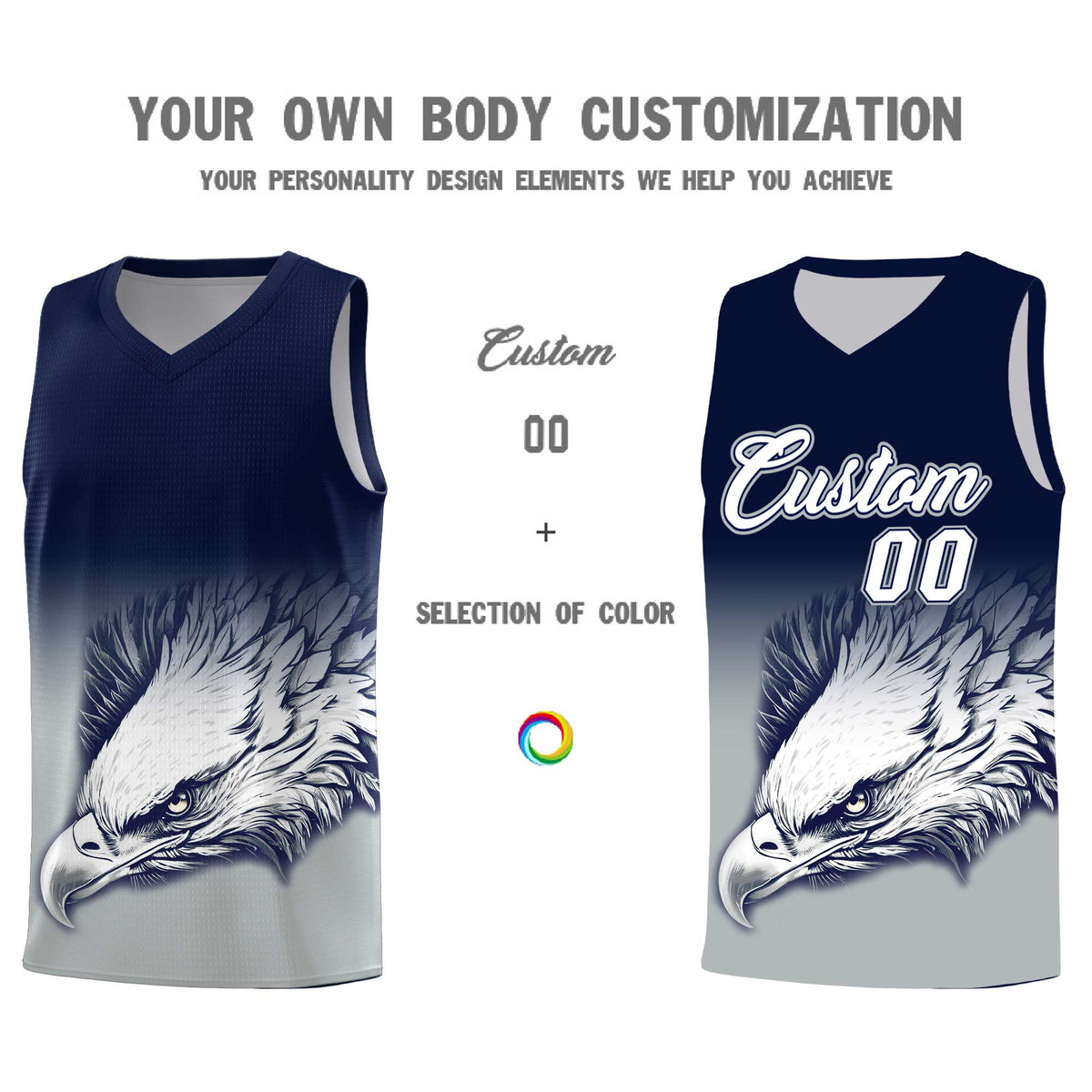Custom Navy Gray Basketball Kits with Eagle Pattern
