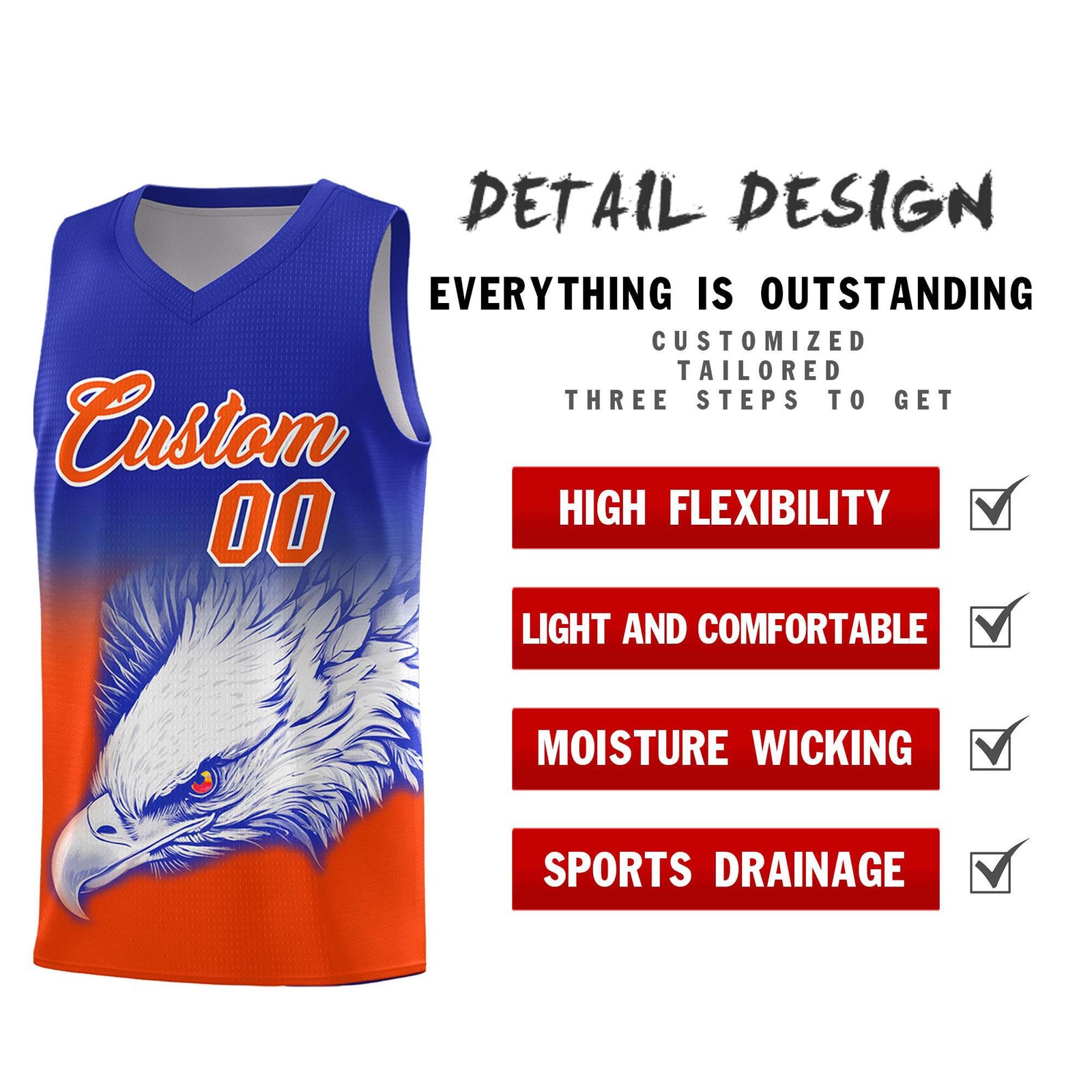 Custom Royal Orange Basketball Kits with Eagle Pattern