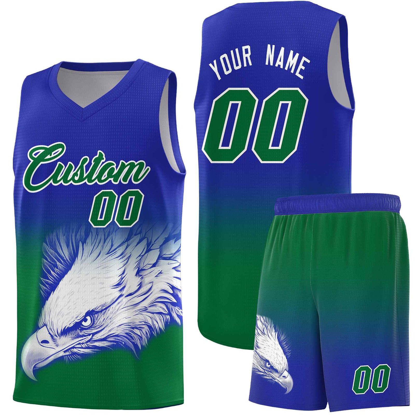 Custom Royal Kelly Green Basketball Kits with Eagle Pattern