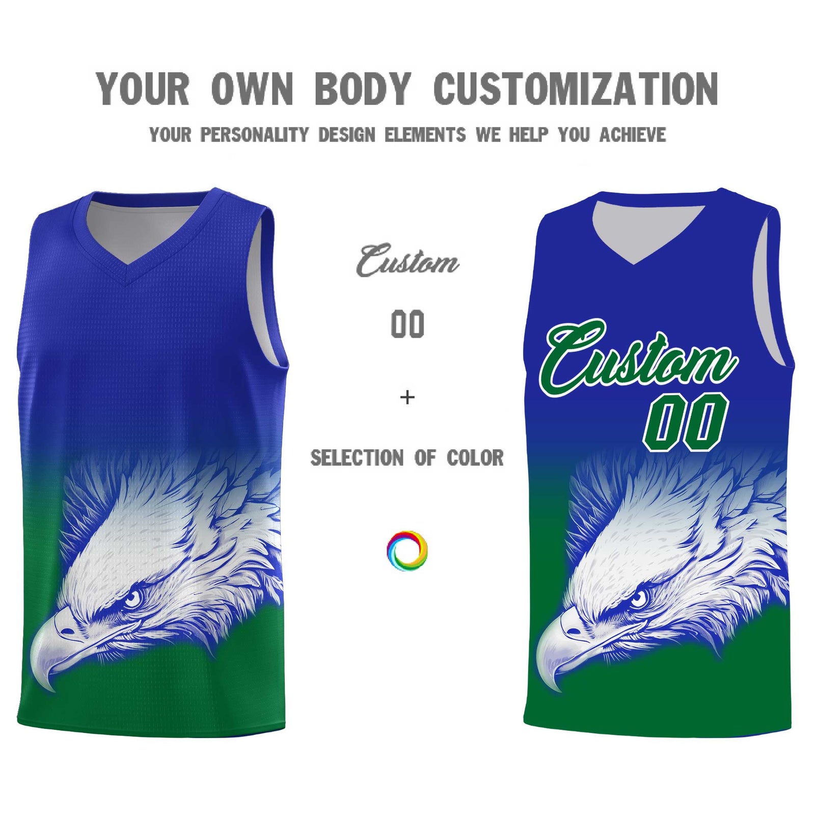 Custom Royal Kelly Green Basketball Kits with Eagle Pattern