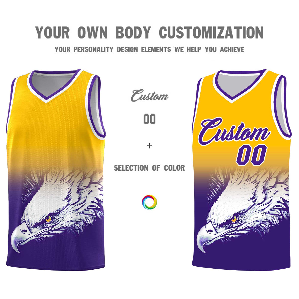 Custom Yellow Purple Basketball Kits with Eagle Pattern