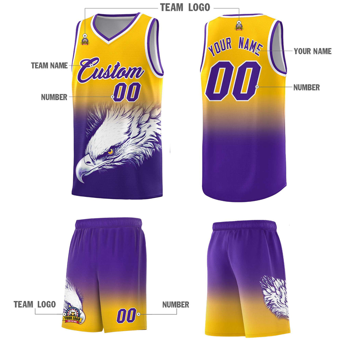 Custom Yellow Purple Basketball Kits with Eagle Pattern