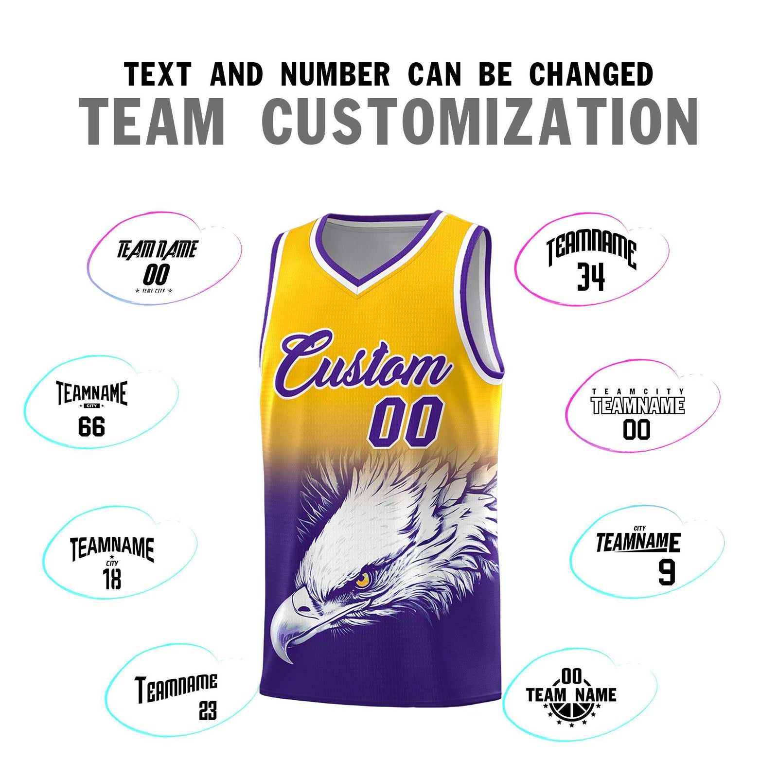 Custom Yellow Purple Basketball Kits with Eagle Pattern