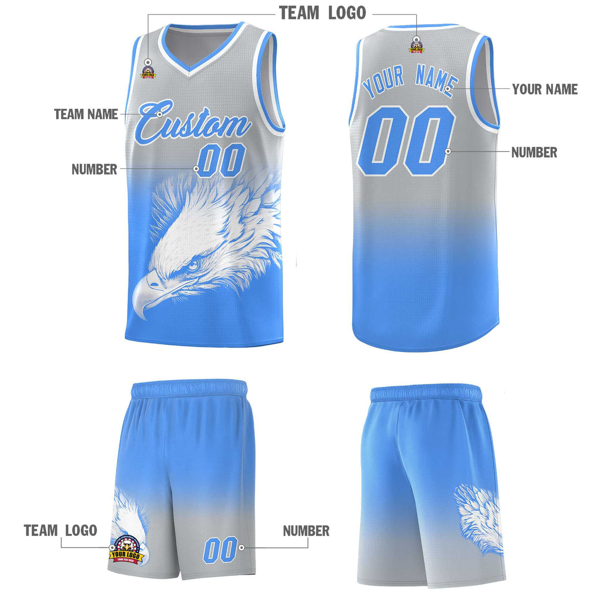 Custom Gray Powder Blue Basketball Kits with Eagle Pattern