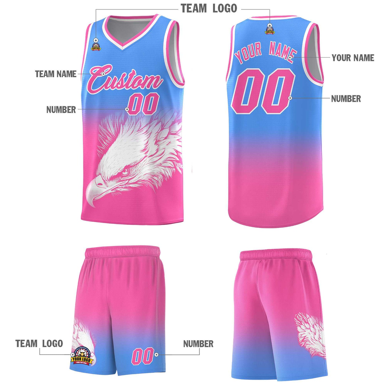 Custom Powder Blue Pink Basketball Kits with Eagle Pattern
