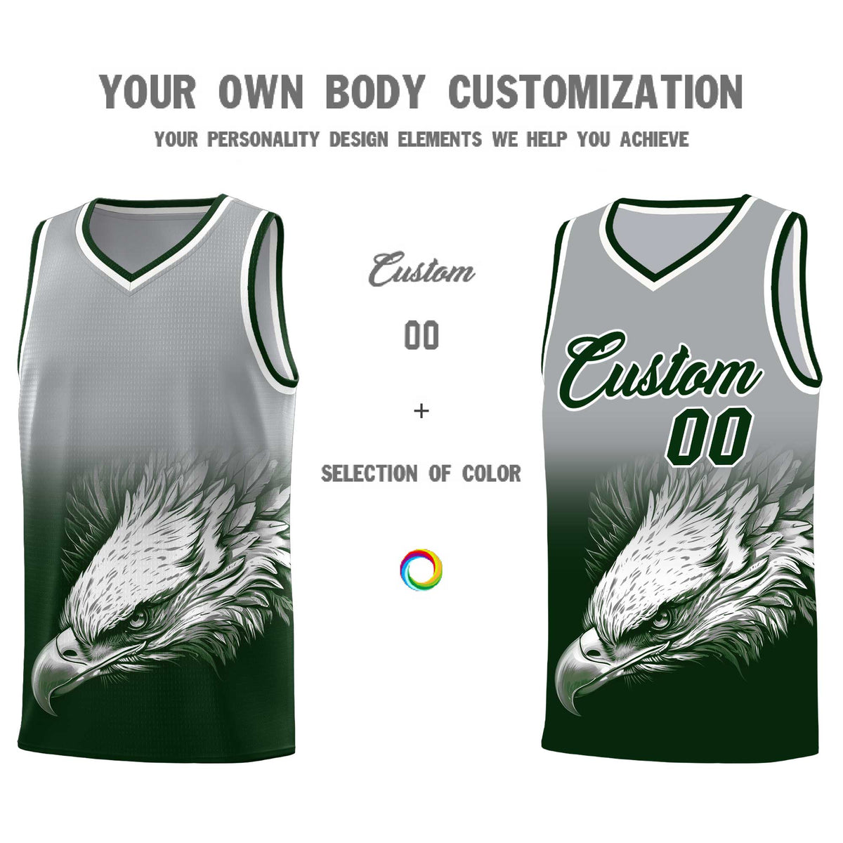 Custom Gray Green Basketball Kits with Eagle Pattern