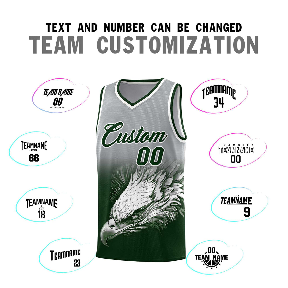 Custom Gray Green Basketball Kits with Eagle Pattern