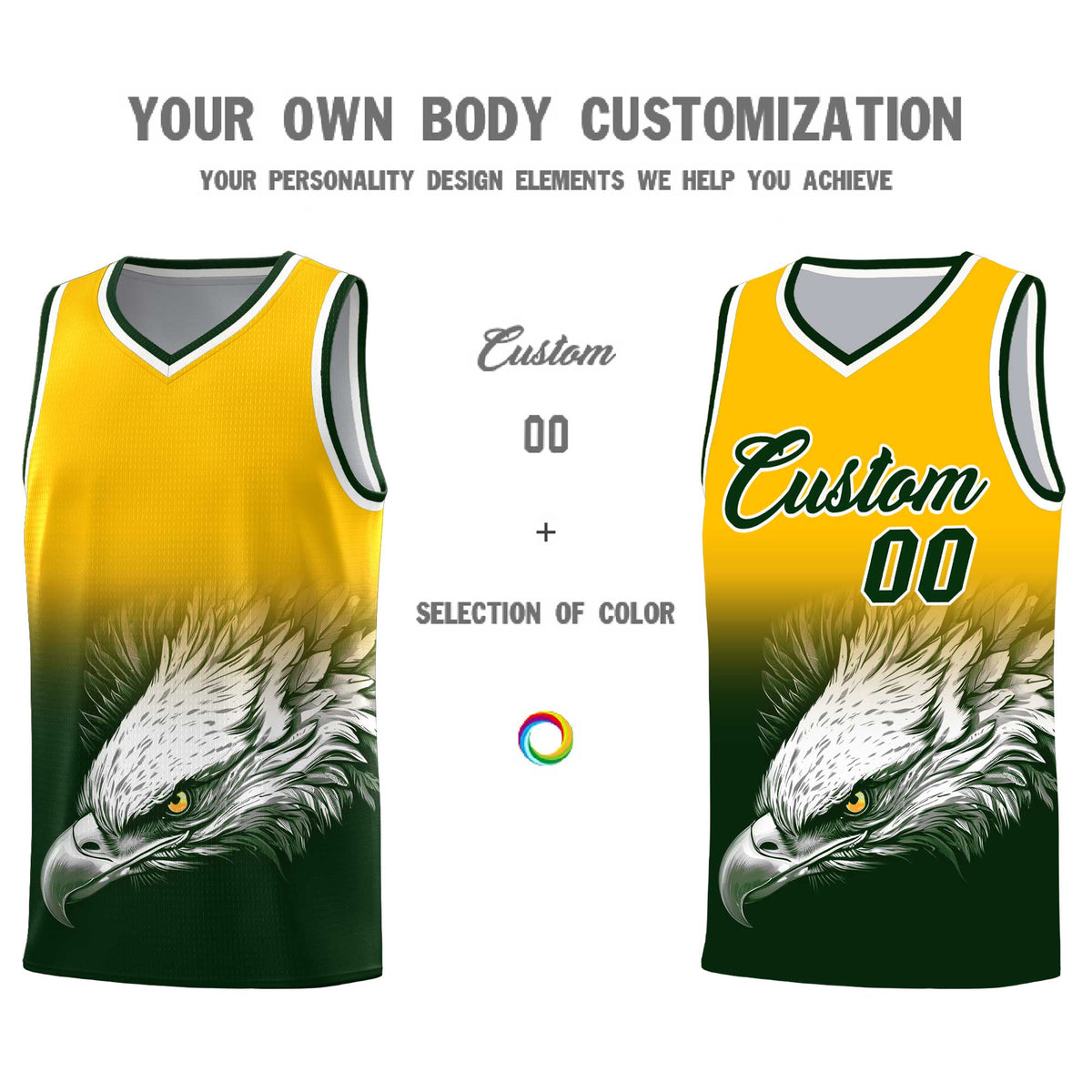 Custom Yellow Green Basketball Kits with Eagle Pattern