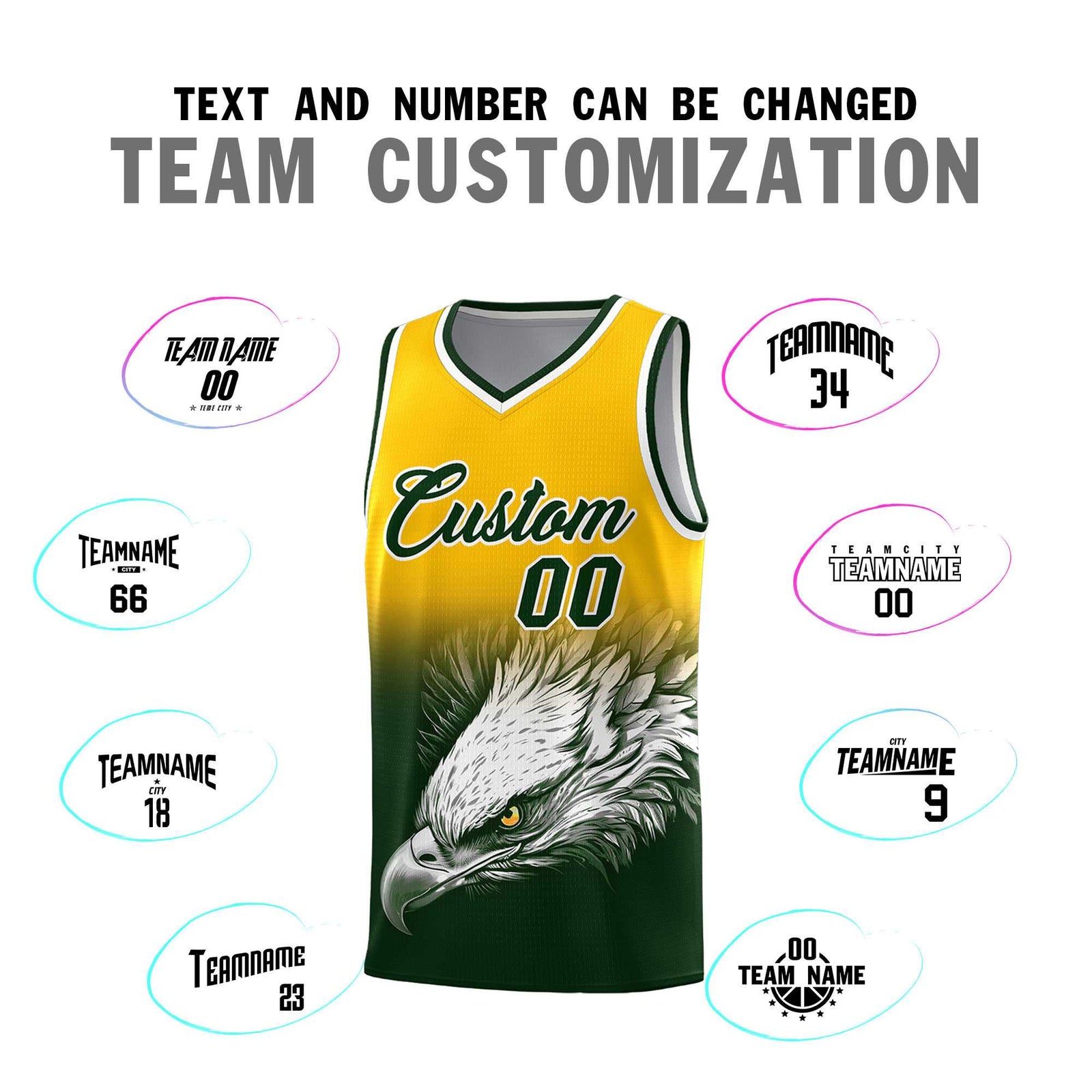 Custom Yellow Green Basketball Kits with Eagle Pattern
