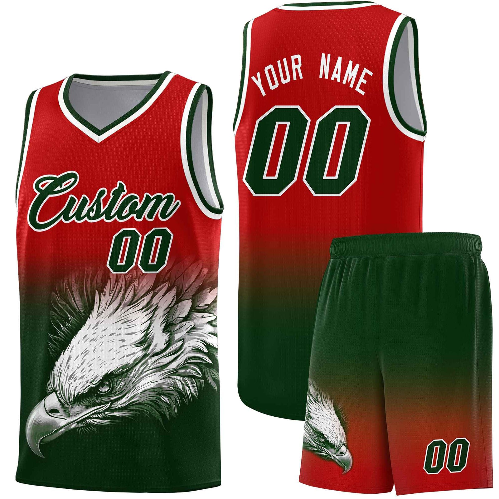 Custom Red Green Basketball Kits with Eagle Pattern