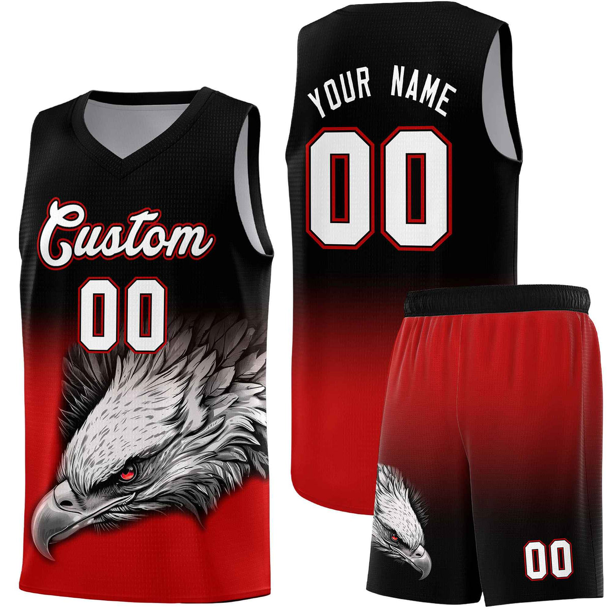 Custom Black Red Basketball Kits with Eagle Pattern