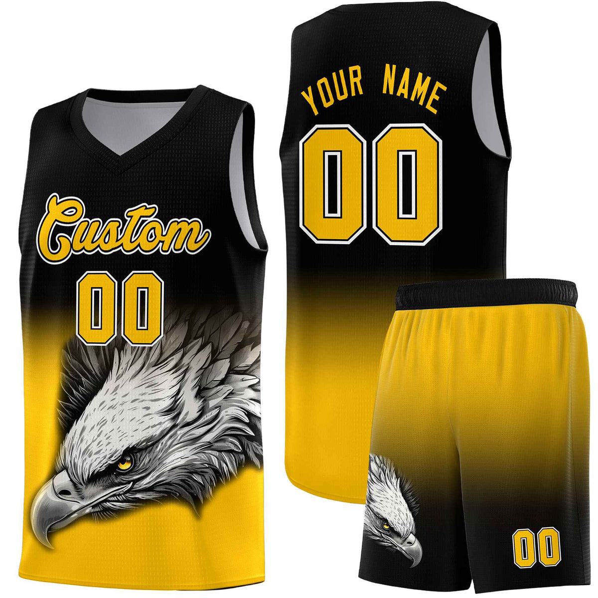 Custom Black Yellow Basketball Kits with Eagle Pattern