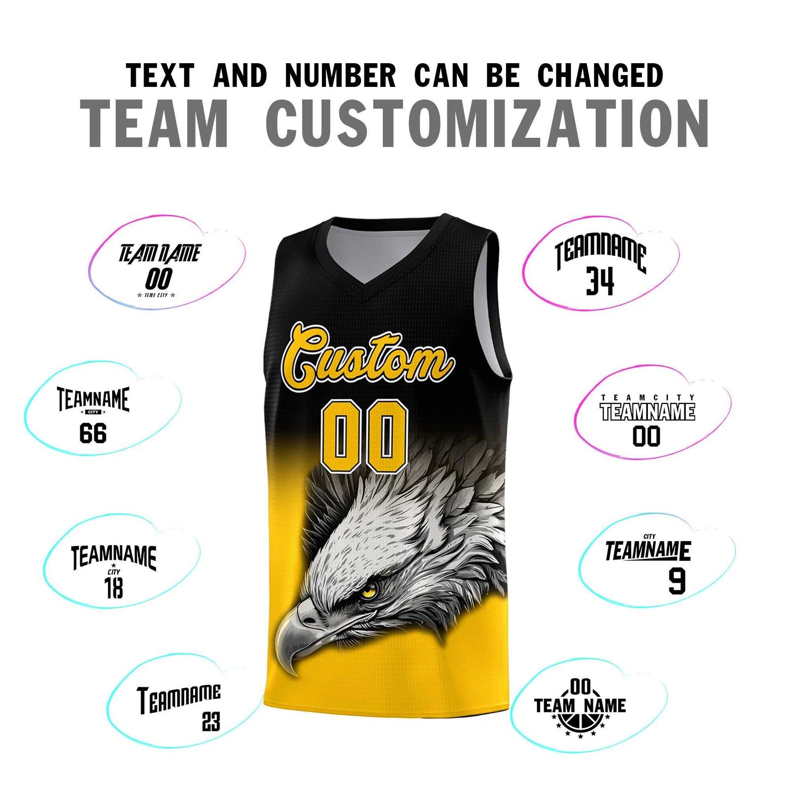Custom Black Yellow Basketball Kits with Eagle Pattern