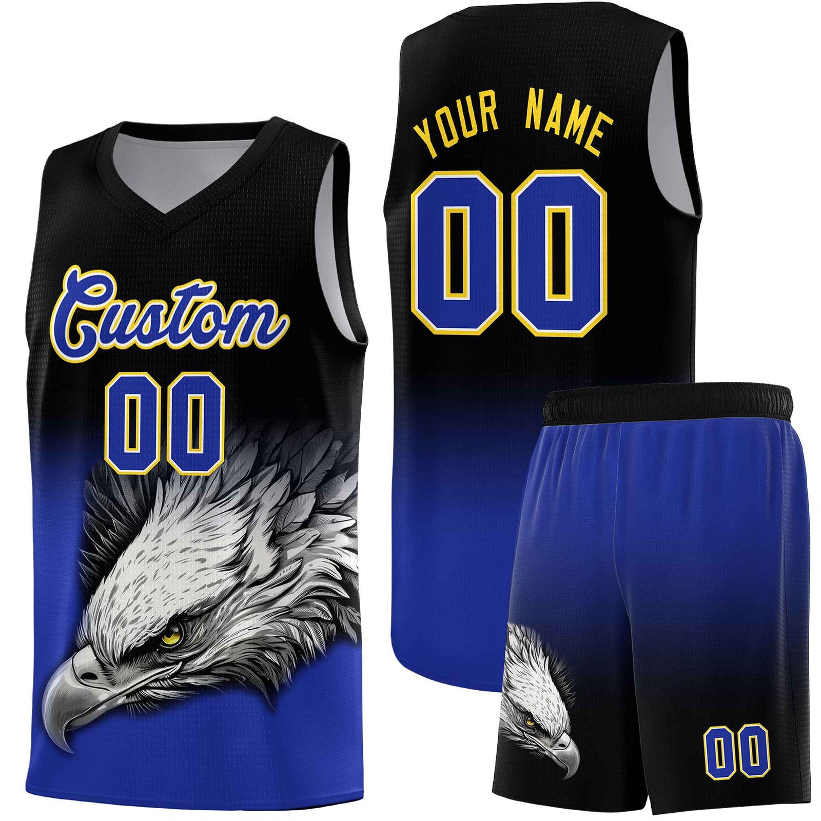 Custom Black Yellow Basketball Kits with Eagle Pattern