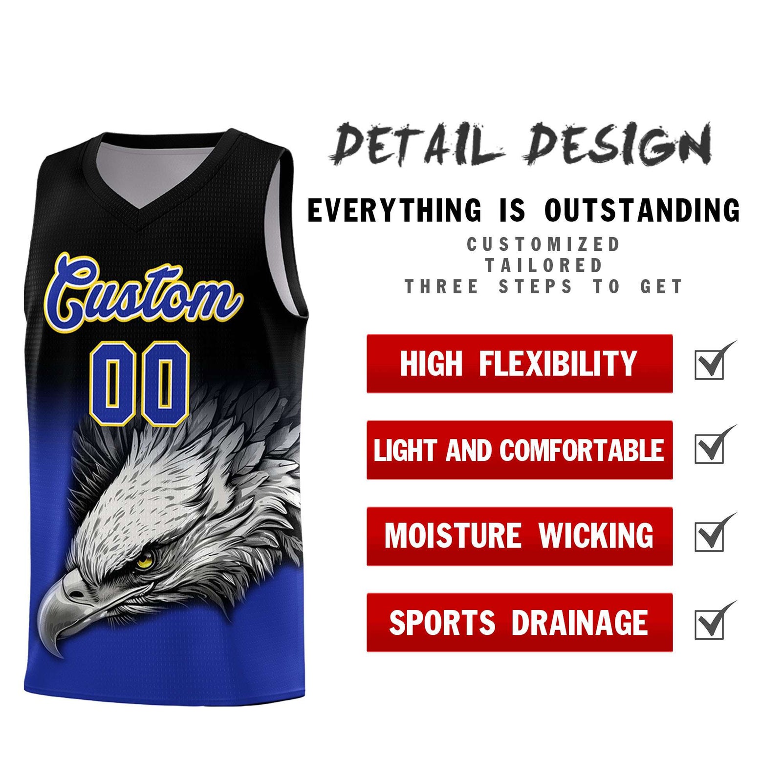 Custom Black Yellow Basketball Kits with Eagle Pattern