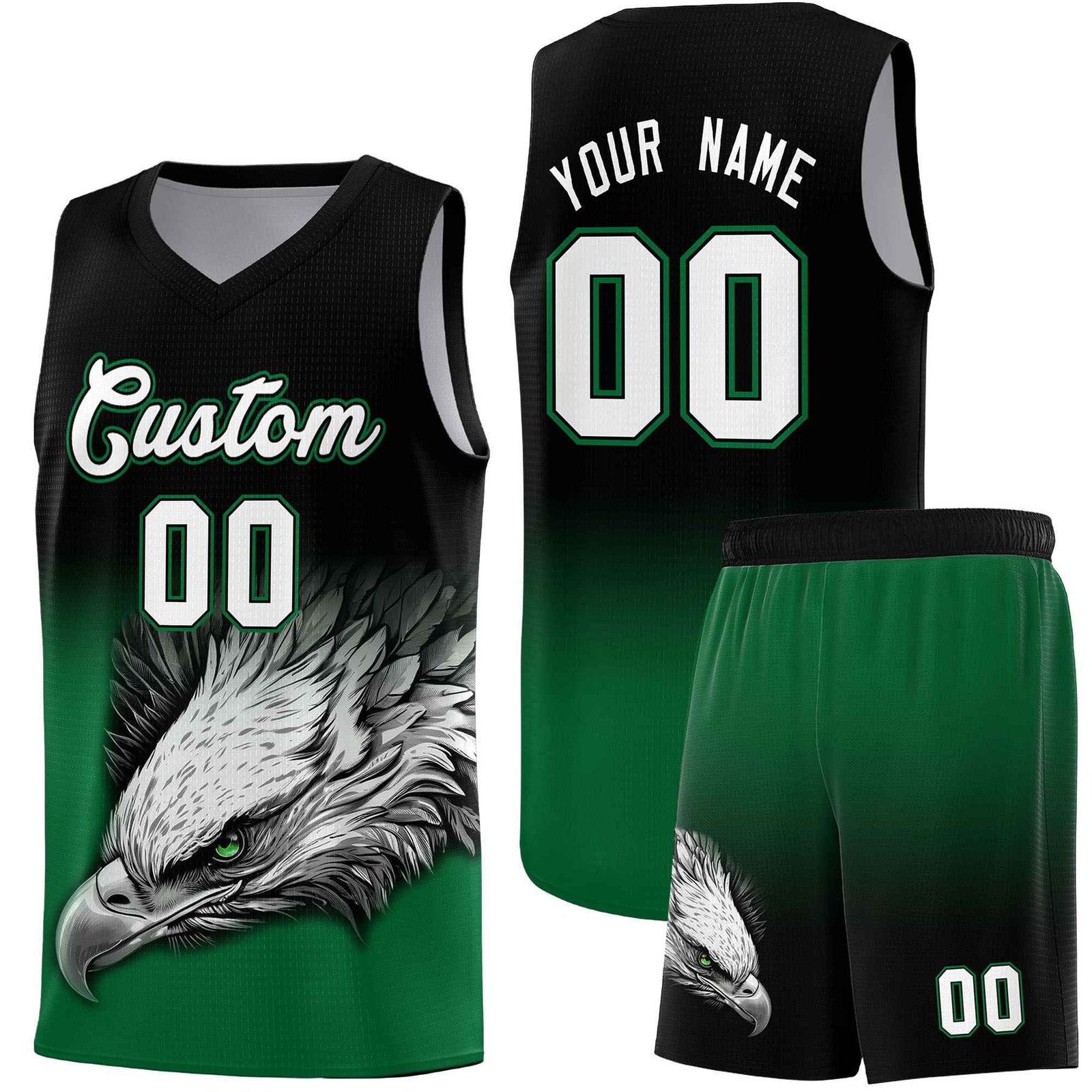 Custom Black Kelly Green Basketball Kits with Eagle Pattern