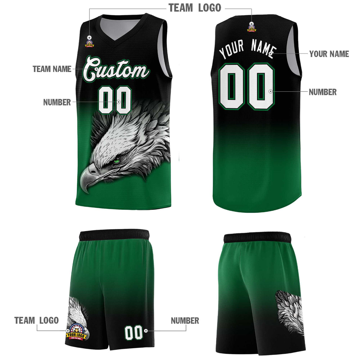 Custom Black Kelly Green Basketball Kits with Eagle Pattern
