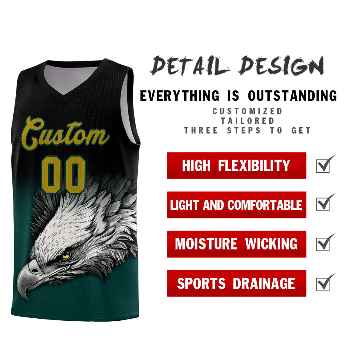 Custom Black Midnight Green Basketball Kits with Eagle Pattern