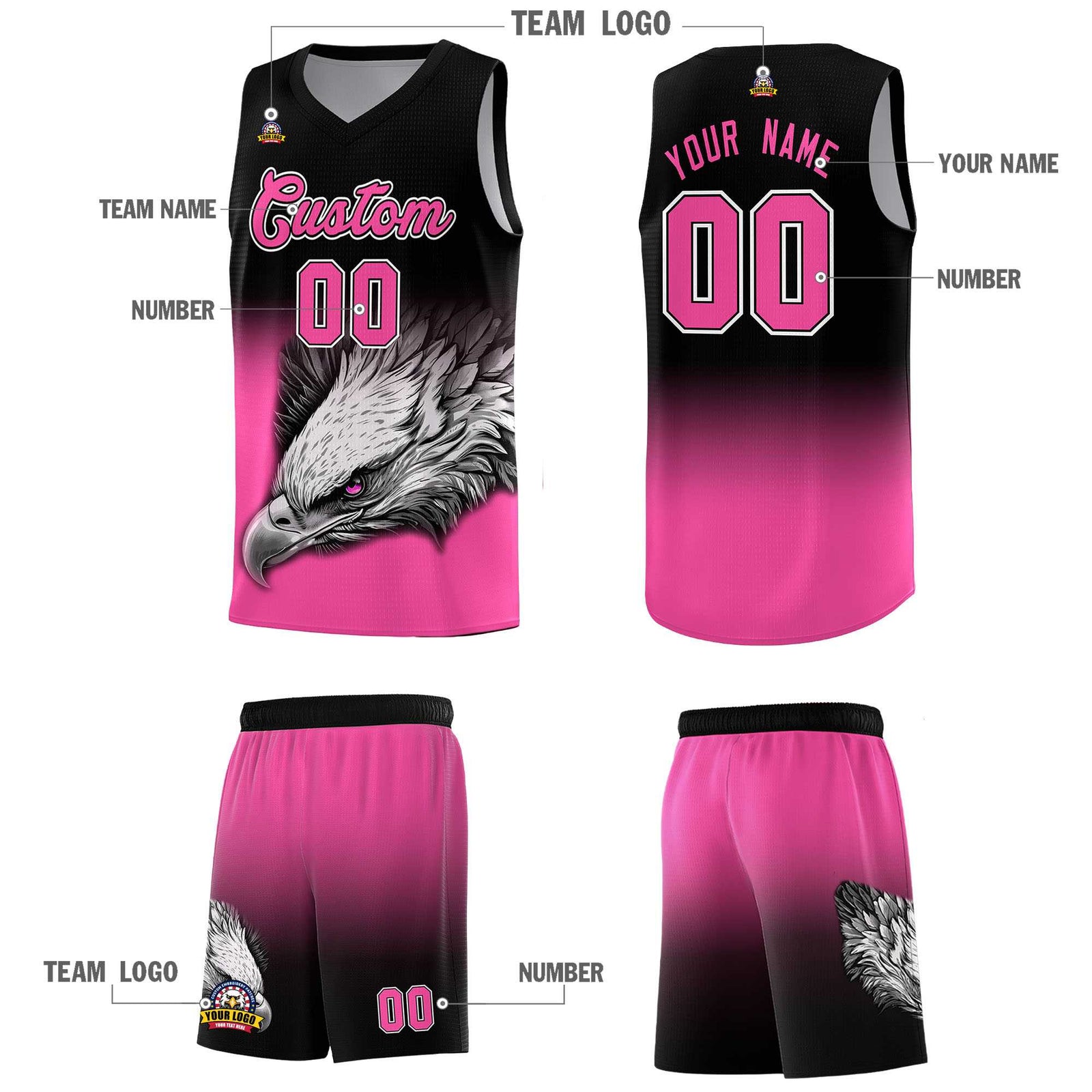 Custom Black Pink Basketball Kits with Eagle Pattern