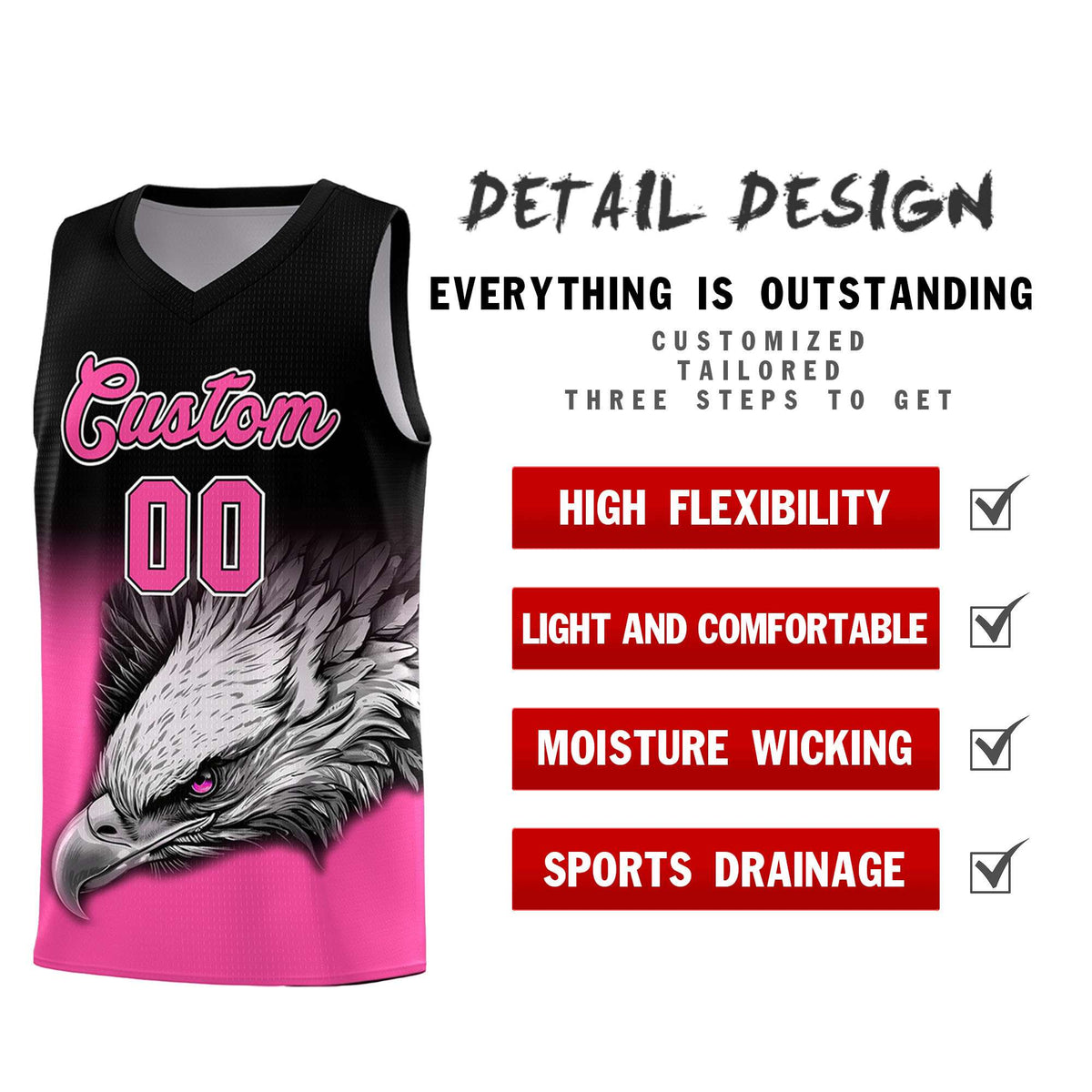 Custom Black Pink Basketball Kits with Eagle Pattern