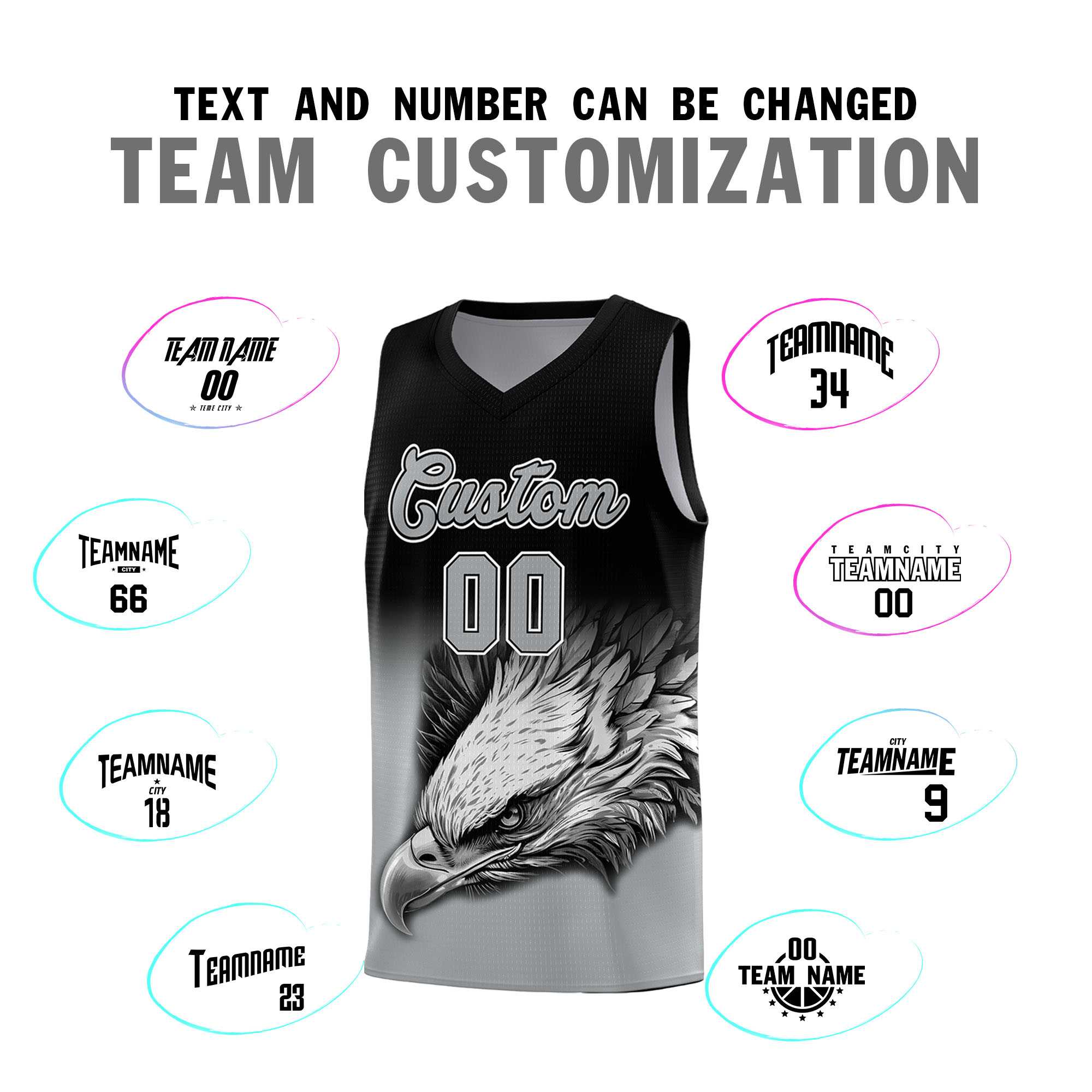 Custom Black Gray Basketball Kits with Eagle Pattern