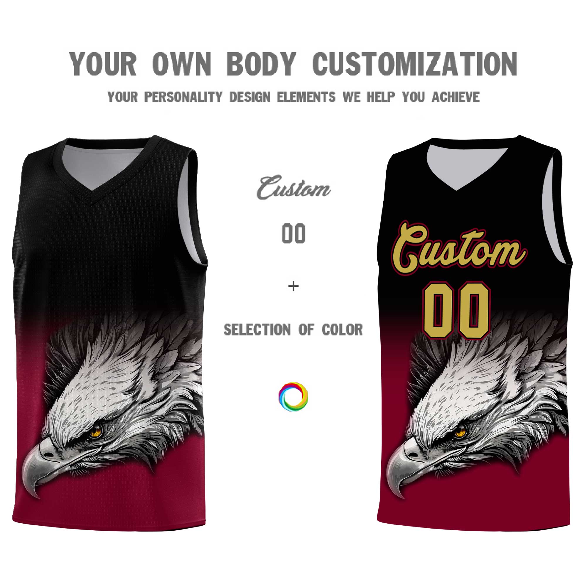 Custom Black Crimson Basketball Kits with Eagle Pattern
