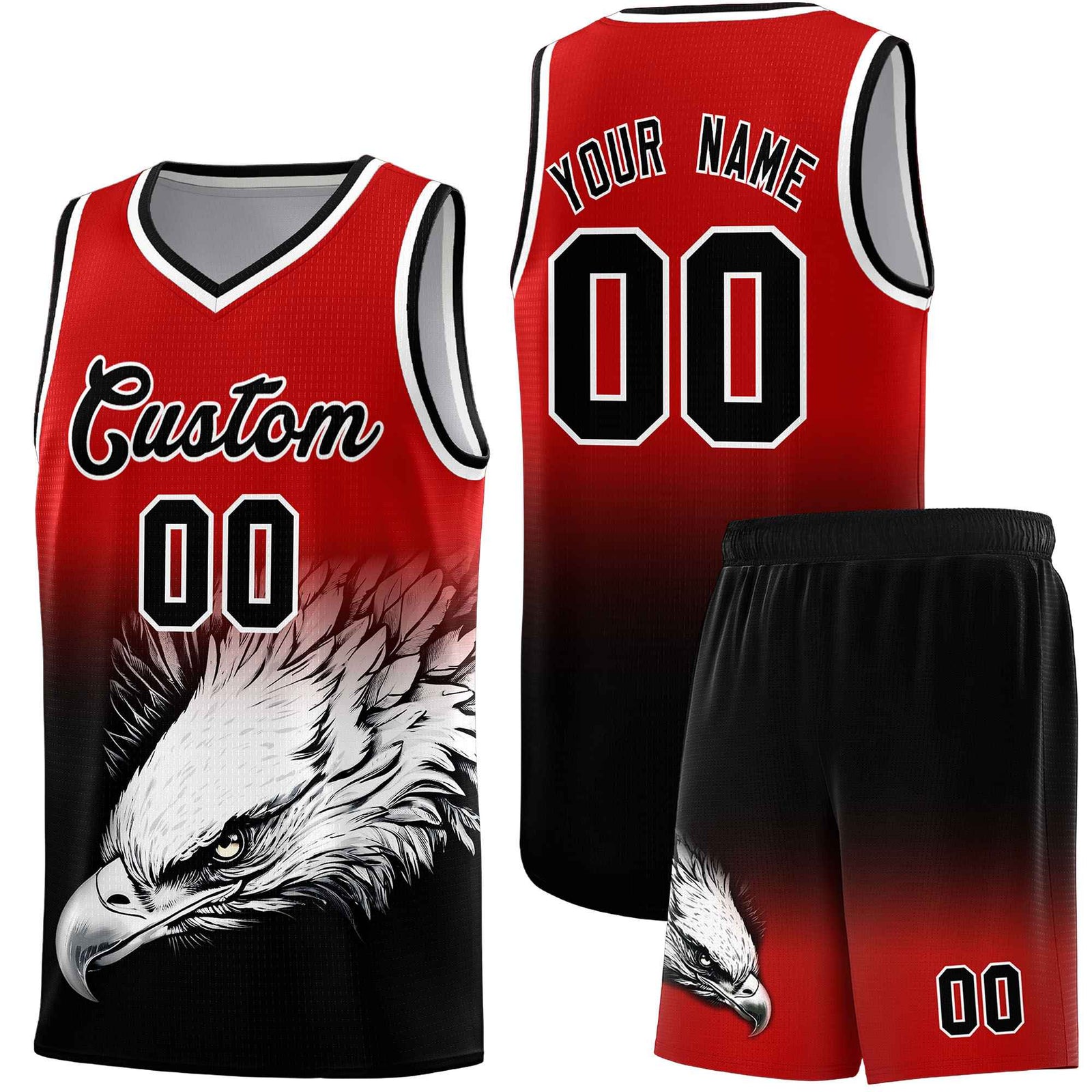 Custom Red Black Basketball Kits with Eagle Pattern
