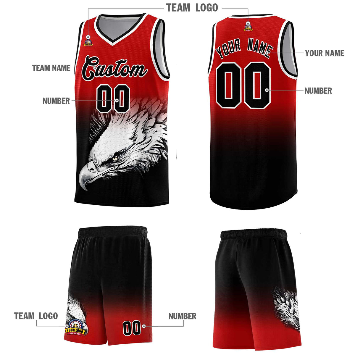 Custom Red Black Basketball Kits with Eagle Pattern