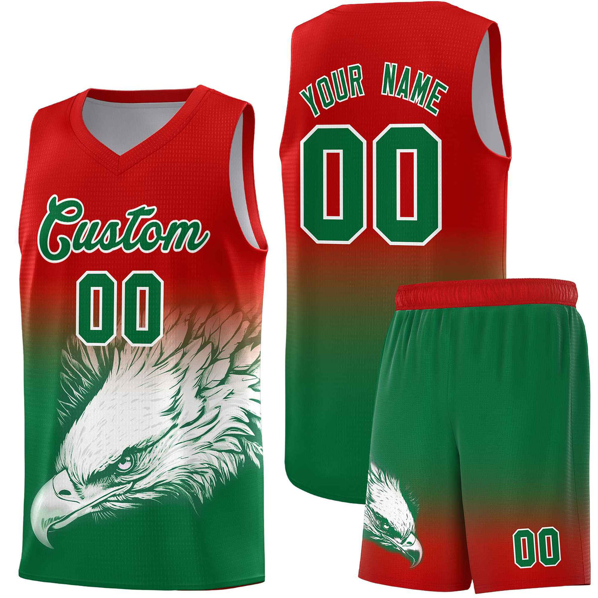 Custom Red Kelly Green Basketball Kits with Eagle Pattern