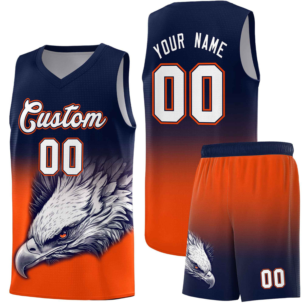 Custom Navy Orange Basketball Kits with Eagle Pattern