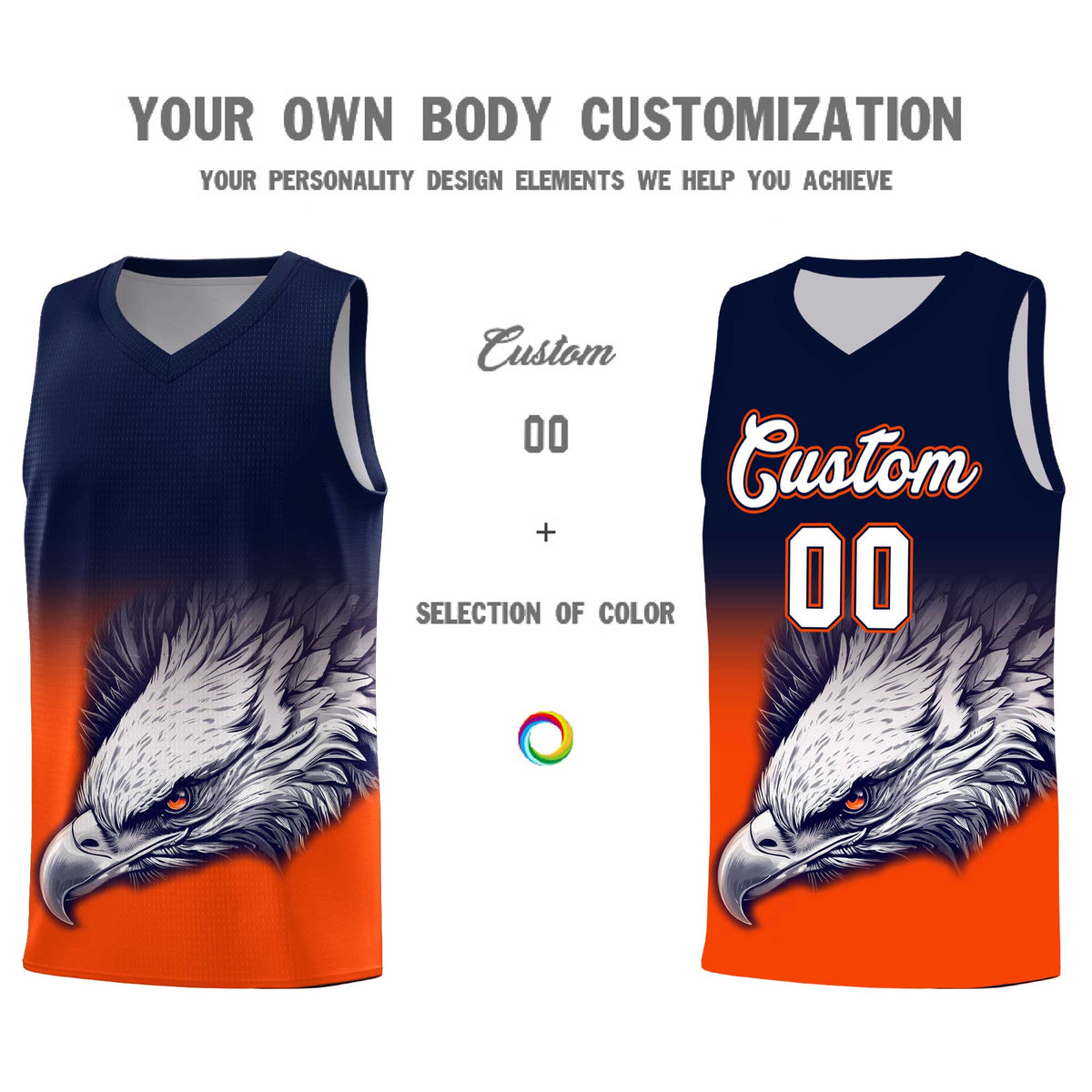 Custom Navy Orange Basketball Kits with Eagle Pattern